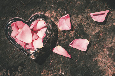 Heart-shaped glass and rose petals on dark wood - DEGF000352