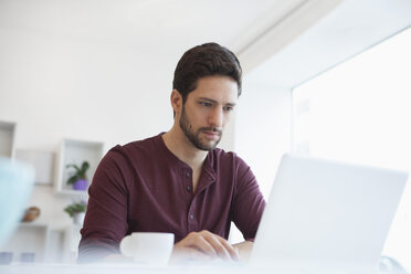 Portrait of man working with laptop at home office - RBF002474