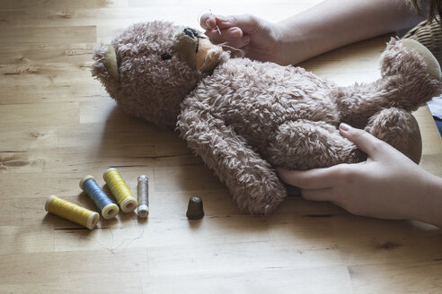 Woman's hands repairing old teddy-bear - CMF000229