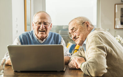 Zwei ältere Freunde schauen auf einen Laptop - UUF003549