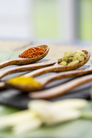 Wooden spoons with different spices stock photo