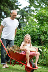 Man pushing his little daughter sitting in a wheelbarrow - WESTF021169