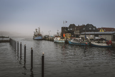 Germany, Schleswig-Holstein, Eckernfoerde, fishing boats at port, dark weather - FRF000209