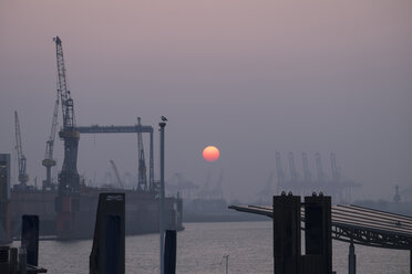 Germany, Hamburg, sunset at container harbor - HL000841