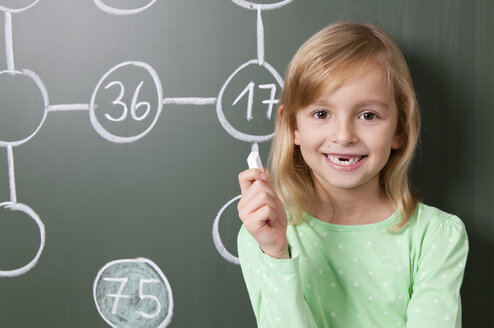 Smiling schoolgirl at blackboard with arithmetic problem - MFRF000083