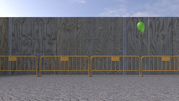 Balloon attached to railing of a barrier, 3D rendering - UWF000389