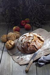 Crusty bread and old bread knife on chopping board, granary rolls - CSF024733