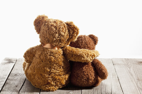 Two teddy bears, arm on shoulder, back view on wood - CSF024763