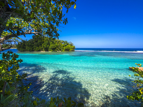 Karibik, Große Antillen, Jamaika, Portland Parish, Port Antonio, Blick auf Pellew Island, lizenzfreies Stockfoto