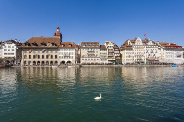 Switzerland, Canton of Lucerne, Lucerne, Old town, river Reuss, Houses with restaurants at riverside - WDF002942