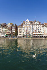 Switzerland, Canton of Lucerne, Lucerne, Old town, river Reuss, Houses with restaurants at riverside - WDF002943