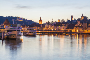 Switzerland, Canton of Lucerne, Lucerne, Lake Lucerne, Excursion ships at pier in the evening - WDF002972