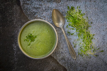 Cress soup in bowl on dark floor - LVF002995