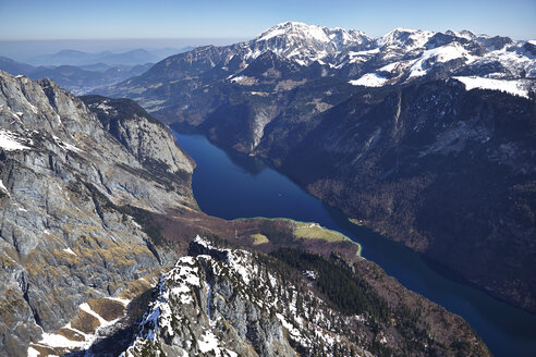 Germany, Bavaria, Aerial view of Alps with lake Koenigssee - KDF000690