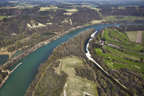Deutschland, Bayern, Luftaufnahme von Inn und Alz-Mündung, lizenzfreies Stockfoto