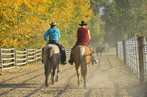 USA, Wyoming, Cowboy und Cowgirl auf Pferden, lizenzfreies Stockfoto