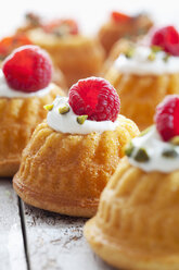 Mini-Gugelhupf gefüllt mit Frischkäse und Ricotta garniert mit Himbeeren und Pistazien - CSF024934