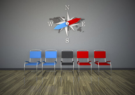 Stühle mit Kompass in einem Raum, 3d Rendering - ALF000425