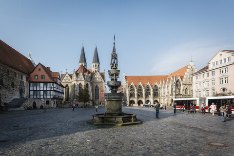 Germany, Brunswick, view to Old town market with St. Mary's fountain, Church St Martini and city hall stock photo