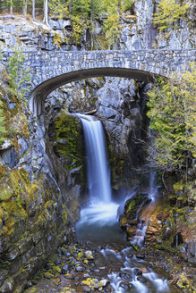 USA, Washington, Mount Rainier National Park, Van Trump Creek, Steinbrücke und Christine Falls - FOF007824