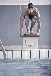 Swimmer in indoor pool in starting position - ZEF004726