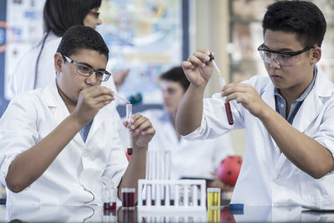 Schüler im Chemieunterricht pipettieren Flüssigkeit in ein Reagenzglas - ZEF006150