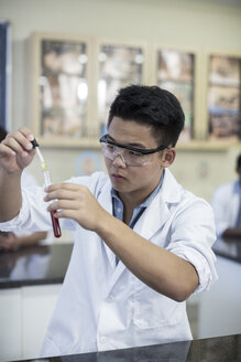 Schüler im Chemieunterricht, der Flüssigkeit in ein Reagenzglas pipettiert - ZEF006151
