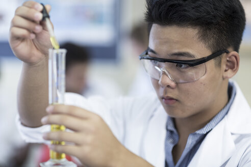 Schüler im Chemieunterricht, der Flüssigkeit in ein Reagenzglas pipettiert - ZEF006153