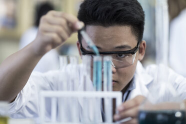 Student in chemistry class pipetting liquid into test tube - ZEF006121