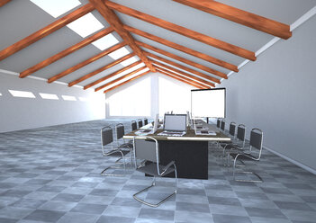 Meeting room with notebooks and flipchart, 3D Rendering - ALF000432