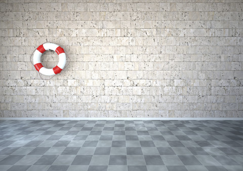 Live-Saver hängt an einer Natursteinwand in einem Raum mit schachbrettartigem Boden, 3D-Rendering, lizenzfreies Stockfoto