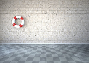Live-Saver hängt an einer Natursteinwand in einem Raum mit schachbrettartigem Boden, 3D-Rendering - ALF000433