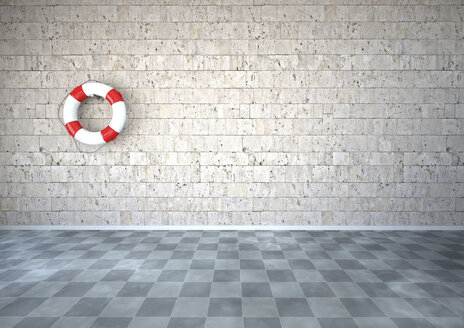 Live-Saver hängt an einer Natursteinwand in einem Raum mit schachbrettartigem Boden, 3D-Rendering - ALF000433