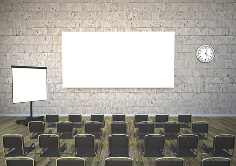 Meeting room with chairs, flipchart and projection screen, 3D Rendering - ALF000434