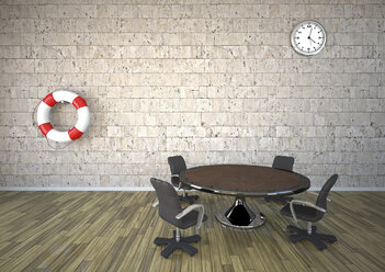 Live-Saver und Uhr hängen an einer Natursteinwand in einem Besprechungsraum, 3D Rendering - ALF000435