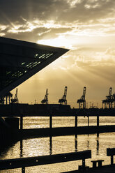 Deutschland, Hamburg, Bürogebäude Dockland bei Sonnenuntergang - KRPF001362
