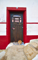 Portugal, Algarve, Salema, Katze an hölzerner Eingangstür - MRF001578