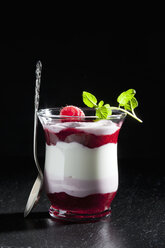 Glass of garnished raspberry junket in front of black background - CSF025020