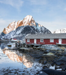 Norwegen, Lofoten, Reine, Blick auf den Hafen bei Sonnenaufgang - MKFF000186