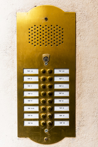 Doorbell button panel and intercom stock photo