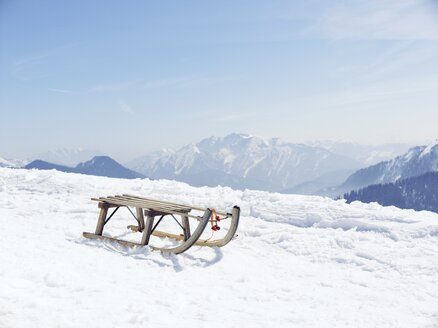 Germany, Tegernsee, sledge standing on Wallberg - EDF000132