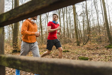 Zwei junge Männer joggen im Wald - UUF003738