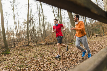 Zwei junge Männer joggen im Wald - UUF003739