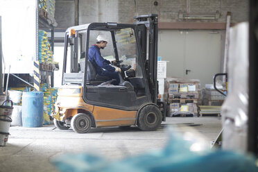 Mann auf Gabelstapler in Fabrikhalle - SGF001433