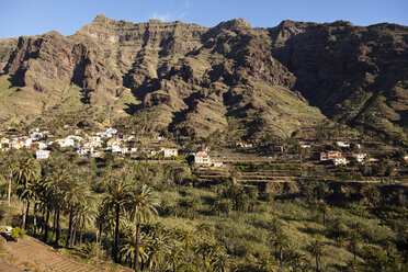 Spanien, Kanarische Inseln, La Gomera, Valle Gran Rey, Blick auf Bergdorf und Palmen und Terrassenfelder - PCF000121