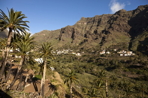 Spanien, Kanarische Inseln, La Gomera, Valle Gran Rey, Blick auf Bergdorf und Palmen und Terrassenfelder, lizenzfreies Stockfoto