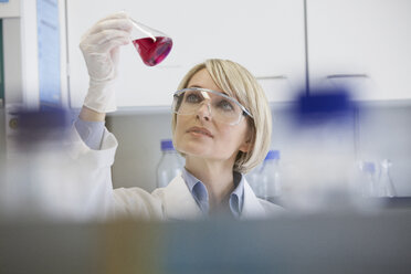 Scientist holding Erlenmeyer flask in laboratory - RBF002583