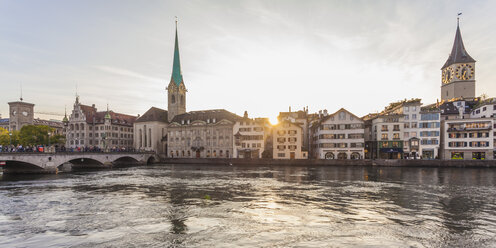 Switzerland, Zurich, River Limmat, Fraumuenster Church and St. Peter Church, Panorama in the evening - WDF003003