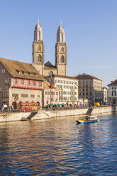 Switzerland, Zurich, Limmat River with Weidling, flat-bottomed boat at Limmatquai, Great Minster - WDF003015