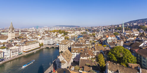 Schweiz, Zürich, Stadtansicht, Limmat und St. Peter Kirche links, Panorama - WDF003025